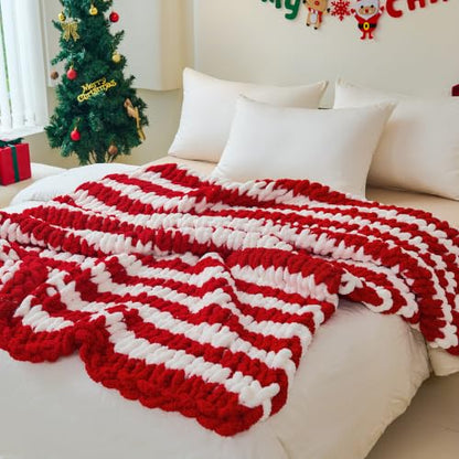 Christmas Red White Chunky Knit Blanket Throw 51x63 Inches for Couch