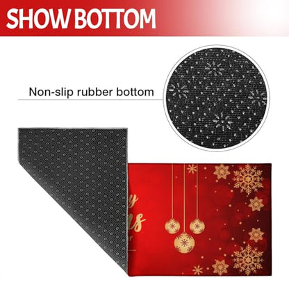 Christmas Kitchen Rugs Set of 2 - Snowflake & Merry Christmas Design, Non-Slip Floor Mats for Entryway & Kitchen, Red & Gold, 17x30 & 17x47 Inches