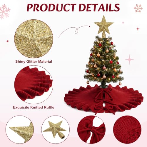 Red Knitted Mini Christmas Tree Skirt 18" with Gold Star Tree Topper - Holiday Decor