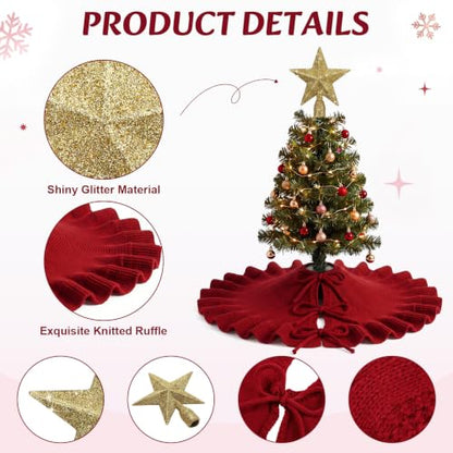 Red Knitted Mini Christmas Tree Skirt 18" with Gold Star Tree Topper - Holiday Decor