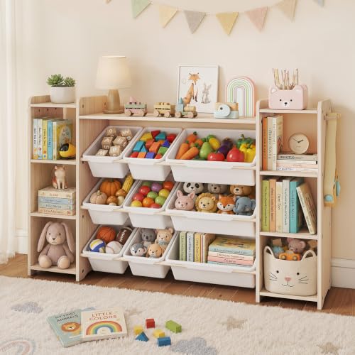 Toy Storage Organizer with Bookshelf and Bins - Solid Pine Kids Playroom Storage