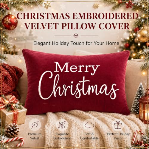 Christmas Velvet Throw Pillow Cover 12x20 Inch - Merry Christmas Burgundy Red