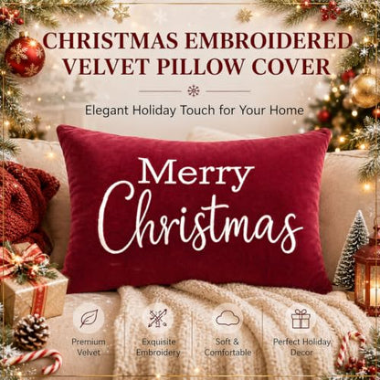 Christmas Velvet Throw Pillow Cover 12x20 Inch - Merry Christmas Burgundy Red