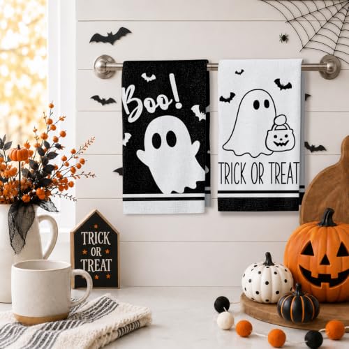 Halloween Kitchen Towels Set with Ghost Prints - 4 Pack, 18 x 26 in, Black & White