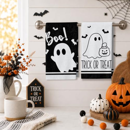 Halloween Kitchen Towels Set with Ghost Prints - 4 Pack, 18 x 26 in, Black & White