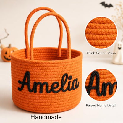 Personalized Halloween Trick or Treat Basket Ropestyle with Custom Name Cotton Rope Candy Bag - Kids Baby Nursery Gift
