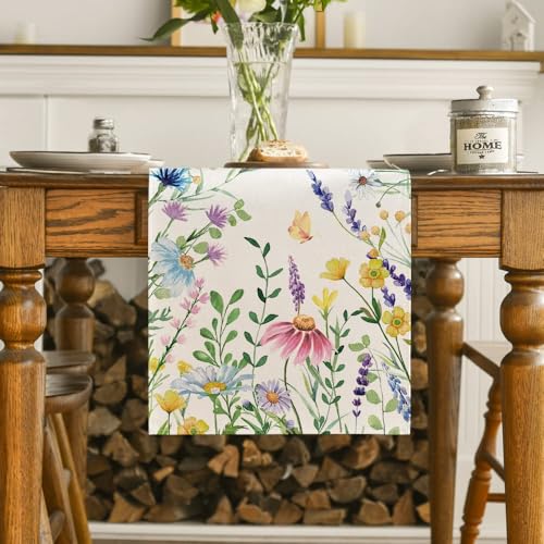 Artoid Mode Daisy Eucalyptus Spring Table Runner 13x120 Inch Beige Home Decor