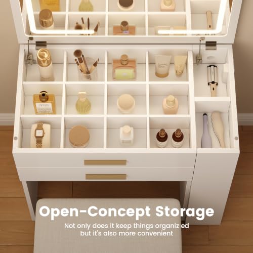 4-in-1 Vanity Desk with Mirror, LED Lights & Storage Stool