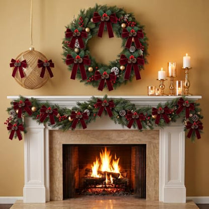 Burgundy Velvet Christmas Bow with Pine Cones - 6.3 Inch Holiday Wreath Decor