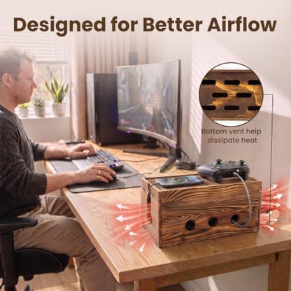 Wooden Cable Management Box 14 Inch Large Cord Organizer for Power Strip Surge Protector