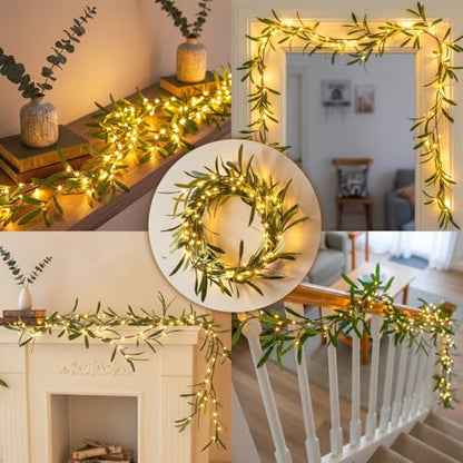 Lighted Artificial Olive Garland 6FT with Warm White LEDs for Home Decor