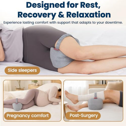 Grey Knee Pillow for Side Sleepers with Strap, Memory Foam Support Cushion for Sciatica Back Hip
