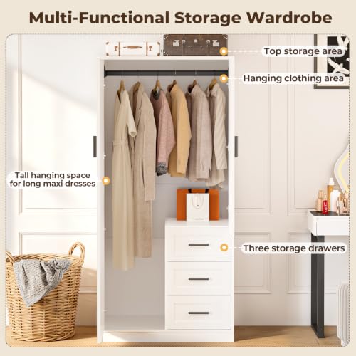 White Wardrobe Closet with Doors, 3 Drawers & Hanging Rod - Armoire 66.5'' H x 31.5'' W x 18.1'' D