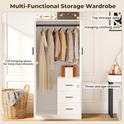White Wardrobe Closet with Doors, 3 Drawers & Hanging Rod - Armoire 66.5'' H x 31.5'' W x 18.1'' D