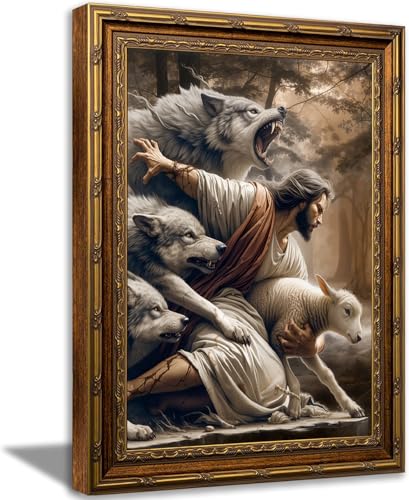Framed Jesus Protecting Lamb Wall Art Religious Decor 24x16 Inches - Gold Frame