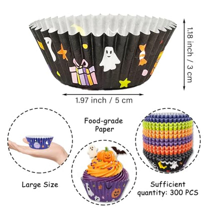 Large Halloween Cupcake Liners Set - 300 Pack with Ghost Pumpkin & Spider Designs