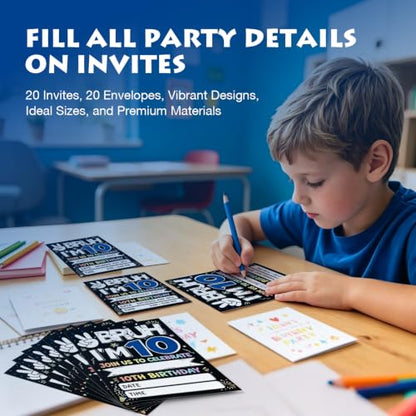 10th Birthday Party Invitations with Envelopes & Stickers - Boys