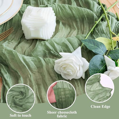 Sage Green Cheesecloth Table Runner - 10FT Boho Gauze for Weddings and Holidays - 4 Pack