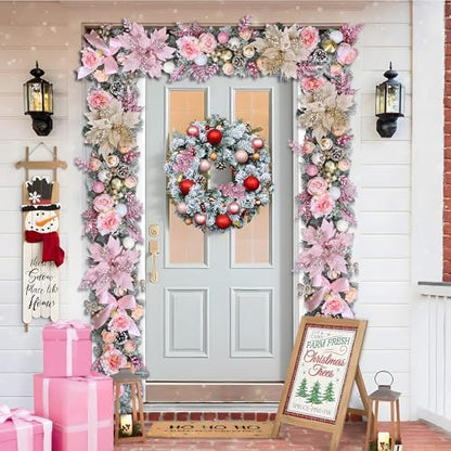 Pink 9FT Christmas Garland with Lights, Flocked Rose Gold Decor, Berries & Pinecones