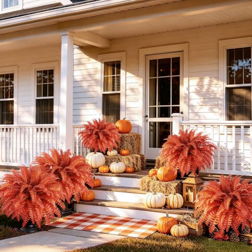 Artificial Ferns Outdoor Fall Decorations - 12pcs Red Fern Stems