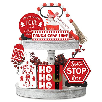 Christmas Tiered Tray Decor Set - Wooden Holiday Tabletop Signs, 7 Pieces