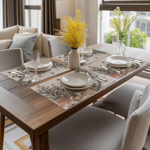 Christmas Placemats Set of 6 12x18 Inches Vinyl Holiday Table Mats - Beige