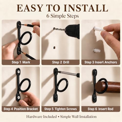 Heavy Duty Black Curtain Rod Brackets Set for 1.5 Inch Drapery Poles - Pack of 6