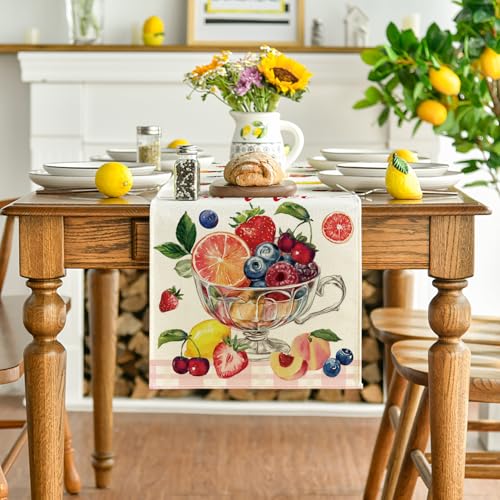 Seasonal Table Runner 13x36 Inch - Strawberry Blueberry Cherry Fruits Design - Beige Pink Summer Dining Decor