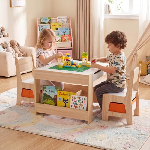 Costzon 4 in 1 Kids Activity Table and Chairs Set - Natural & Green, Reversible with Building Blocks, Storage