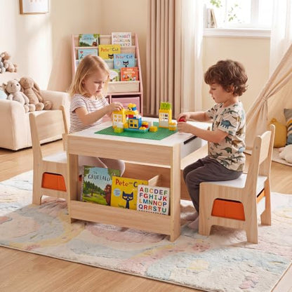 Costzon 4 in 1 Kids Activity Table and Chairs Set - Natural & Green, Reversible with Building Blocks, Storage