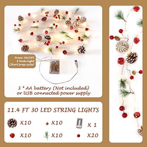10 Ft Christmas Garland with Lights Pine Cones Berries & Bells Indoor Decor