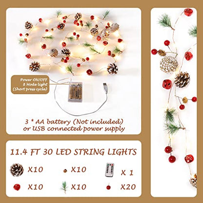 10 Ft Christmas Garland with Lights Pine Cones Berries & Bells Indoor Decor
