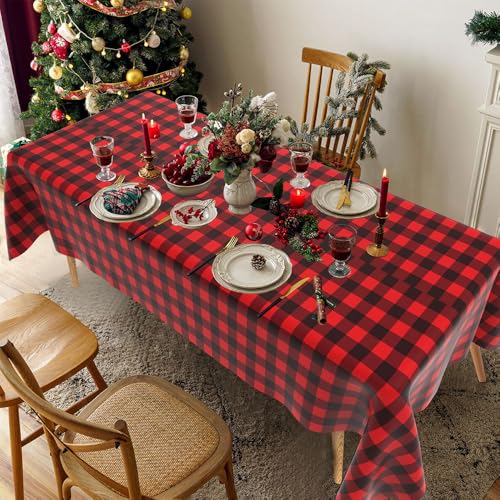 Red and Black Checkered Tablecloth Set - 2 pcs 108x54 Inch Disposable Waterproof Table Cover for Parties