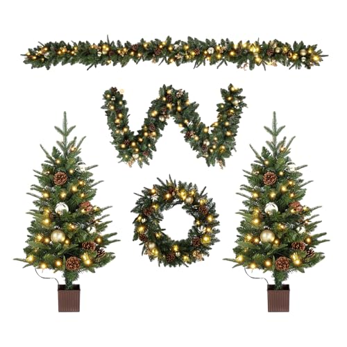 Gold Pre-lit 5-Piece Christmas Tree Set with LED Lights, Wreath & Garlands
