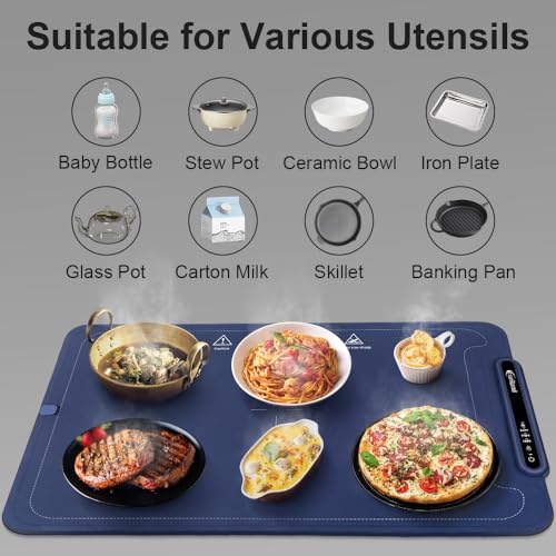 Extra-Large Warming Mat for Food - 3 Temp Levels Food Warmers, Foldable Electric Warming Tray with Child Safety Lock, Auto-Shutoff, Full Surface Heating Silicone Heating Tray for Gatherings, Parties