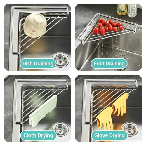 Stainless Steel Corner Sink Rack - Space Saving Triangular Draining Shelf for Kitchen & Bathroom