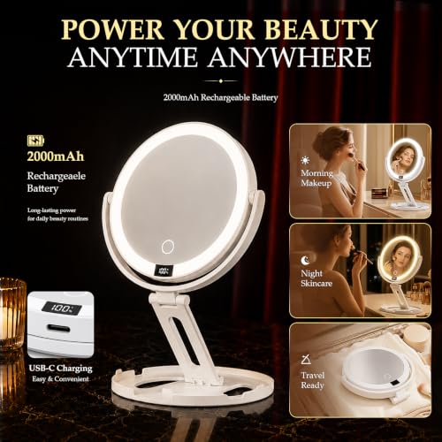 Travel Makeup Mirror with Lights - White, 1X/30X Double-Sided Magnification