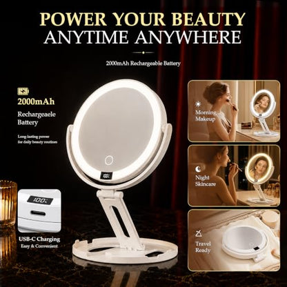 Travel Makeup Mirror with Lights - White, 1X/30X Double-Sided Magnification
