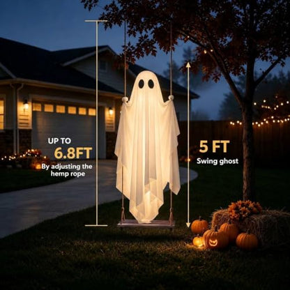 Outdoor Hanging Ghost Decor - 5FT Spooky Swinging Ghost for Halloween Yard