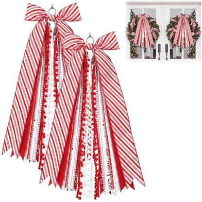 2 Pcs Candy Cane Christmas Wreath Bow with Clip - Red & White Variation