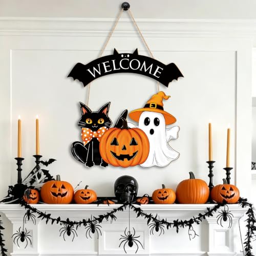 Large Black Wooden Halloween Ghost Door Wreath for Front Door & Wall Decor - Sophena