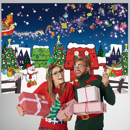 8x6FT Christmas Backdrop Snow Night House with Tree Photo Studio Background - Red
