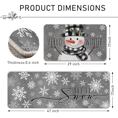 Hello Winter Snowman Grey Kitchen Rugs Set of 2 - Non-Slip Decor Mats