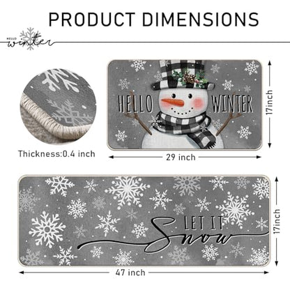 Hello Winter Snowman Grey Kitchen Rugs Set of 2 - Non-Slip Decor Mats