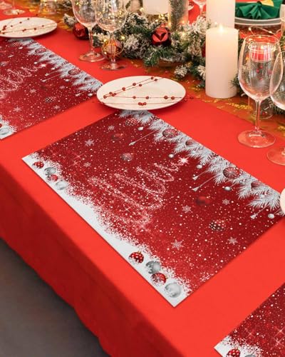 Christmas Cotton Linen Placemats Set of 6 - Red Sparkle Ornaments 13x19 Inches