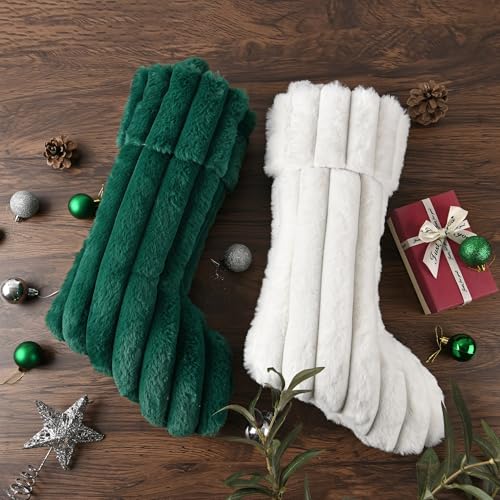 2 Pack 20'' Plush Faux Fur Christmas Stockings - Green + Green