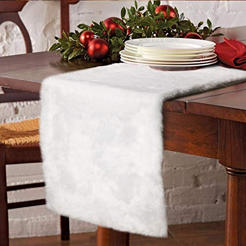 Christmas Faux Fur Table Runner 72 x 15 Inch White Holiday Decor