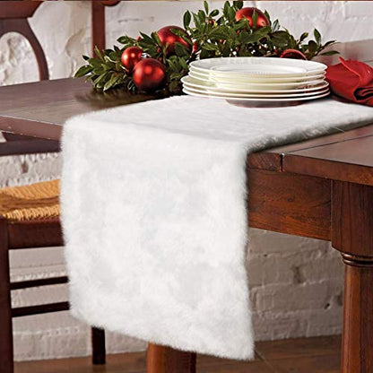Christmas Faux Fur Table Runner 72 x 15 Inch White Holiday Decor