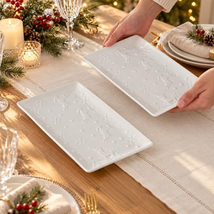 11 Inch Reindeer Ceramic Serving Platters - Set of 2 Christmas Snowflake Dinnerware