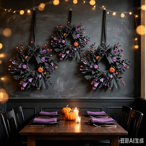 Halloween Hanging Wreaths with Black Foliage and Orange Pumpkins - 4 Pieces, Gothic Decor